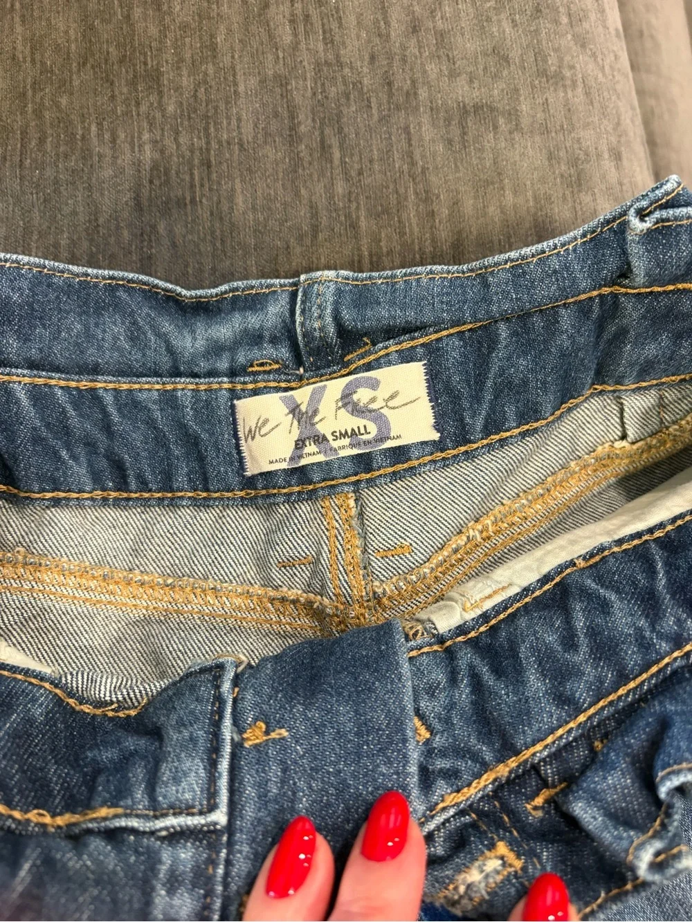 Free People High-Waist Paperbag Denim Shorts with Frayed Hem - Blue. XS